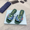 Prada 2026 Slippers Green Blue Embroidery Fabric Sheepskin