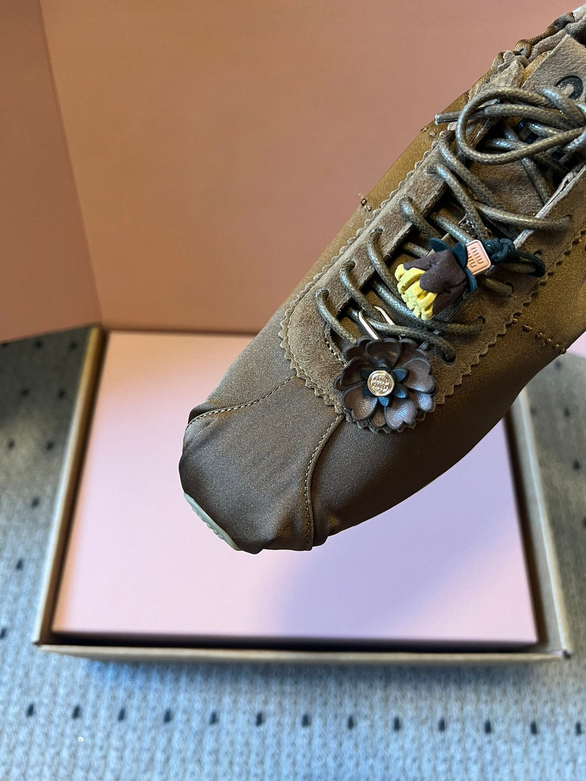 Miu Miu 2026  Plume Sneaker With Floral Charm Brown Satin 621344