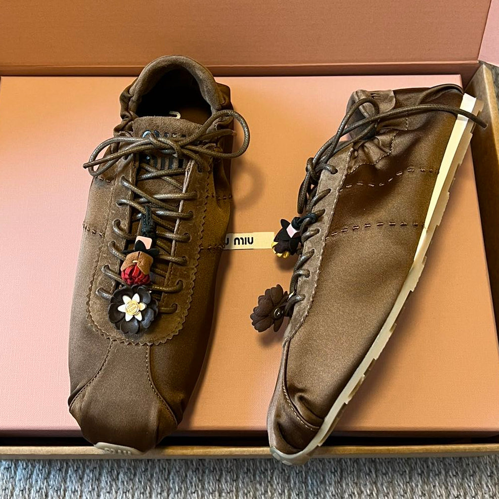 Miu Miu 2026  Plume Sneaker With Floral Charm Brown Satin 621344