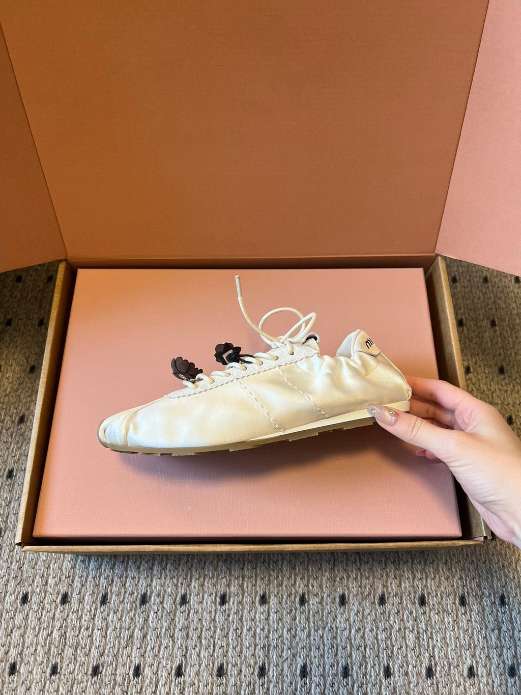 Miu Miu 2026  Plume Sneaker With Floral Charm White Satin 621346