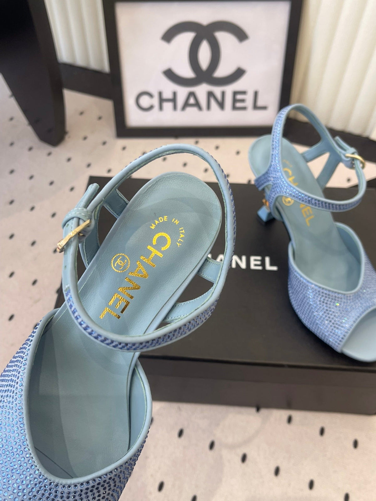 CC 26 Rhinestone Sandal 75mm Blue Lambskin 611732