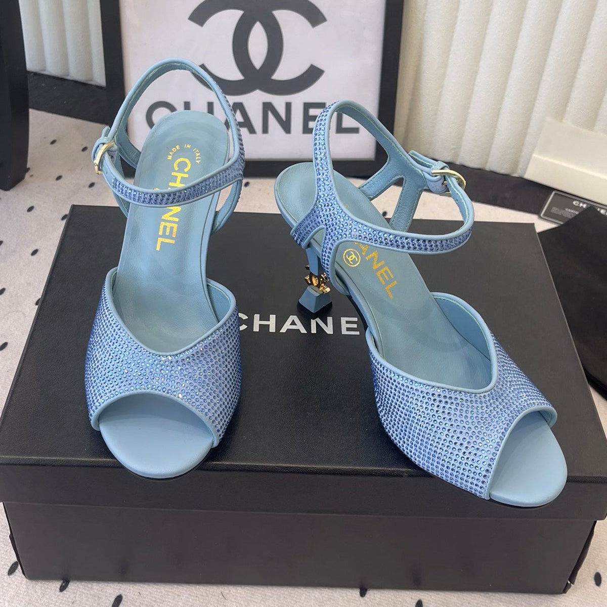 CC 26 Rhinestone Sandal 75mm Blue Lambskin 611732