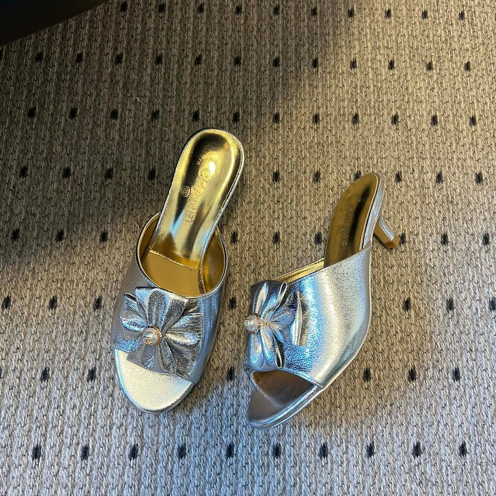 CC 26s High-Heeled Slides 60 Metallic Sliver Cowhide 627183