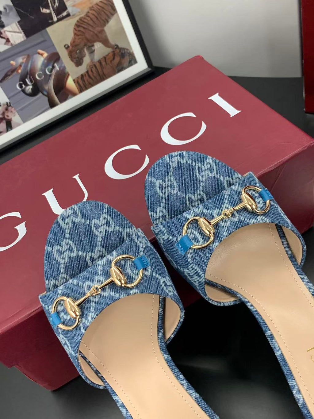 Gucci 2026 Erin Horsebit GG Sandal Blue Gold Denim Leather