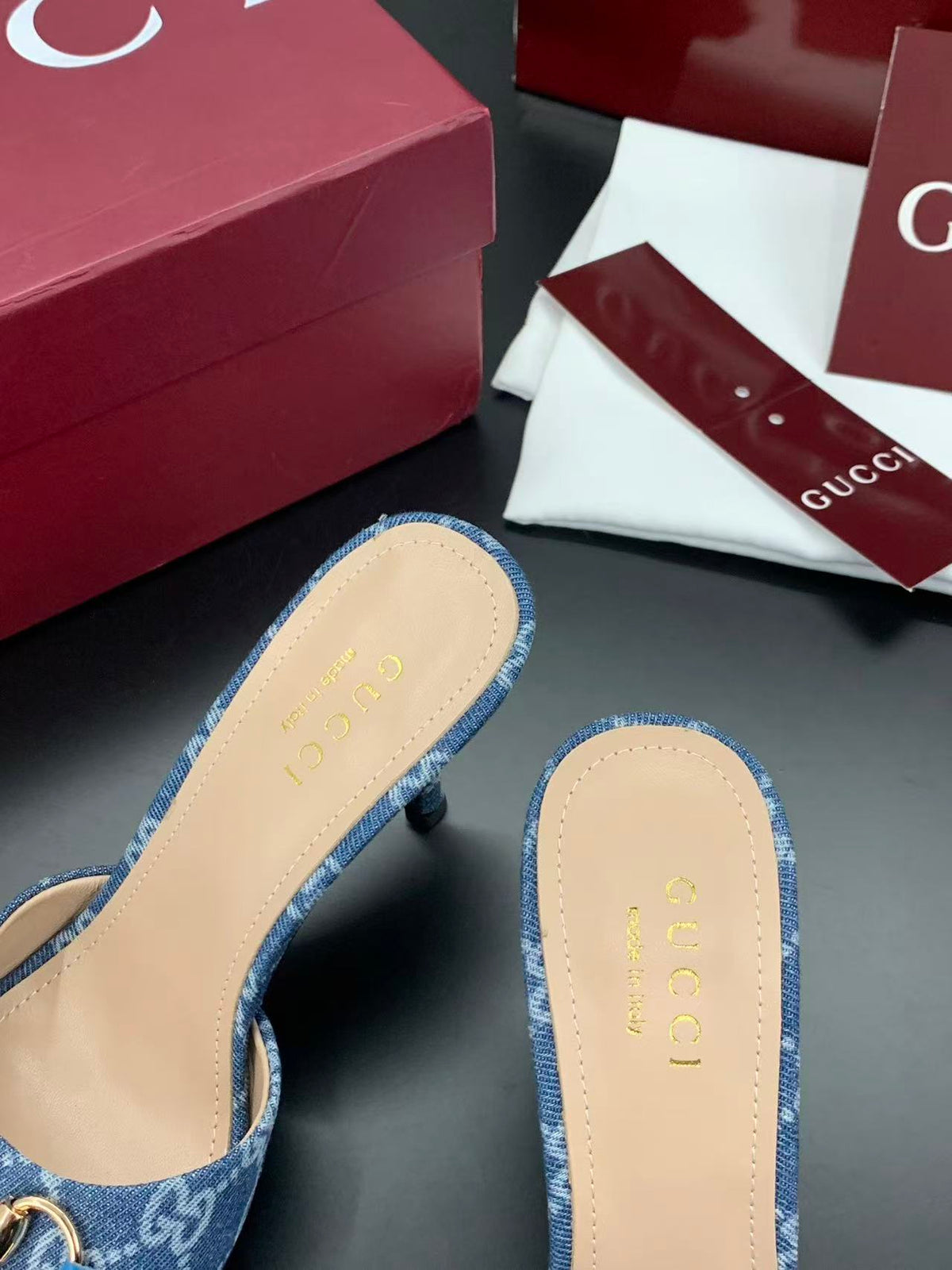 Gucci 2026 Erin Horsebit GG Sandal Blue Gold Denim Leather