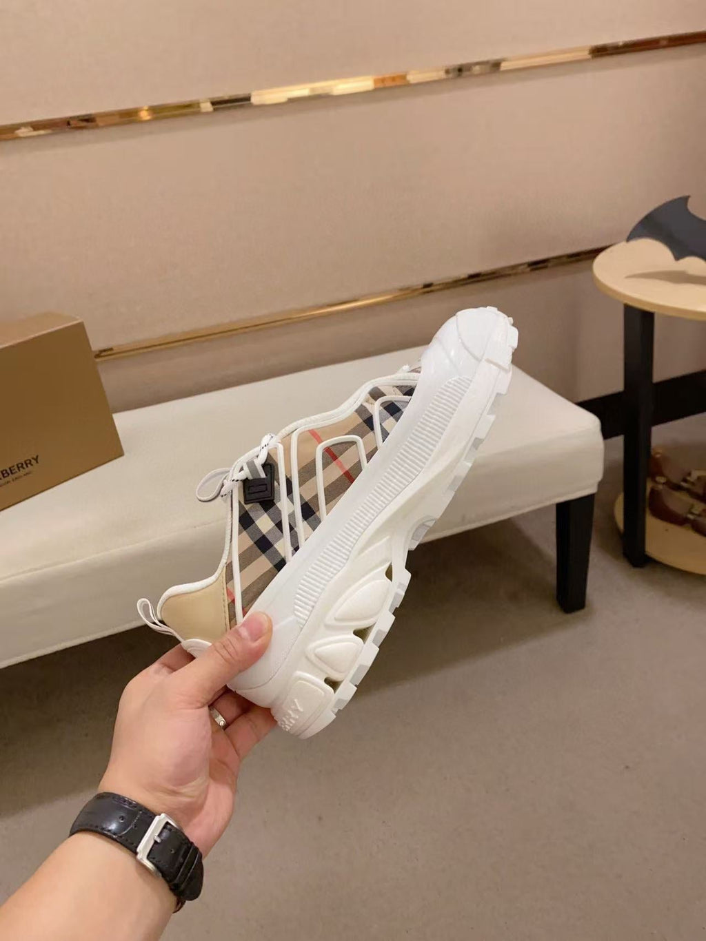 Burberry Chunky Men's Sneakers in Beige and White Check Pattern