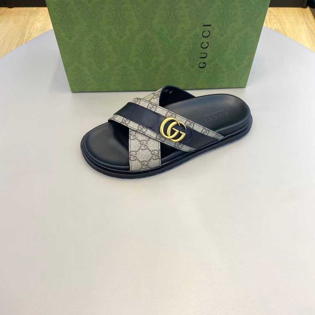 Gucci 2026 Cross-body Strap Sandal Blue Beige Leather Canvas