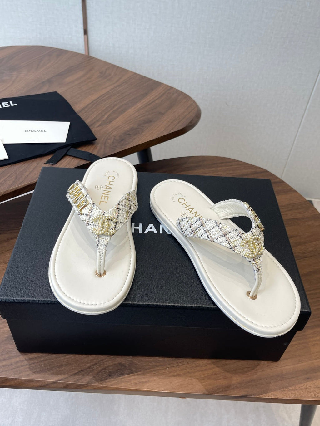 Chanel 2026 Thong Sandal Tweed Gold Logo Details 790366