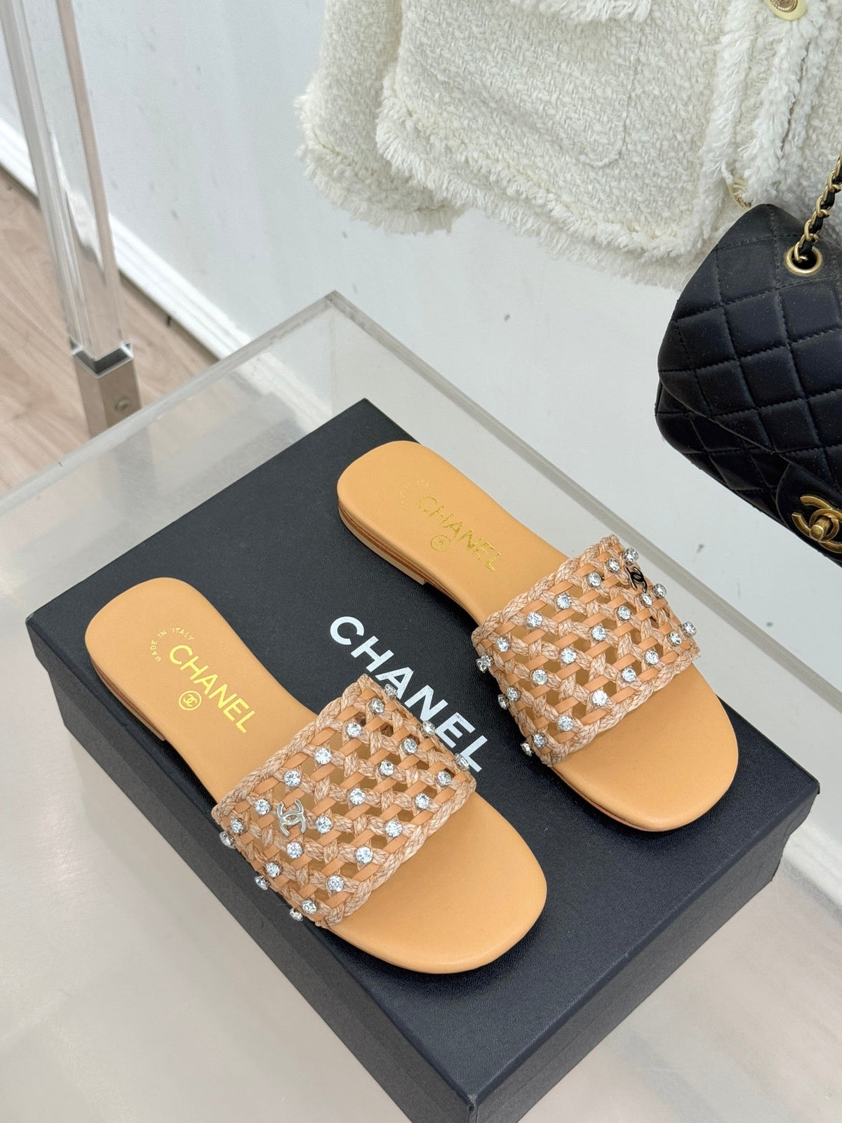 CC 2026 Flat Sandals Woven Sheepskin Rhinestones