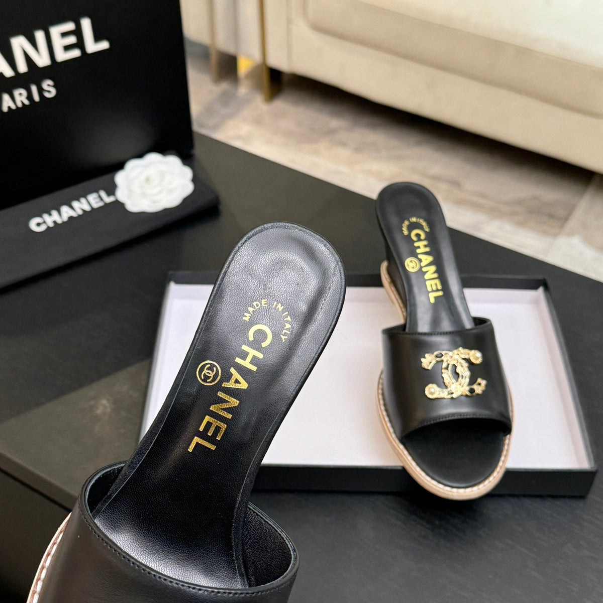 CC 2026 Wedge Sandals 65 Black Lambskin Gold Black Logo 667764