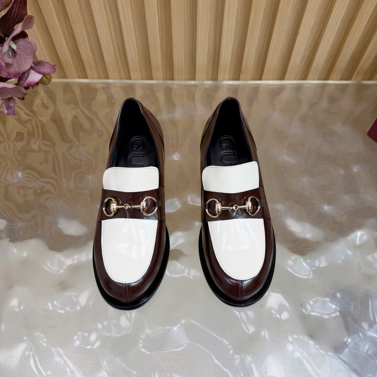 GG 26 Horsebit Loafers Brown White Sheepskin 589465