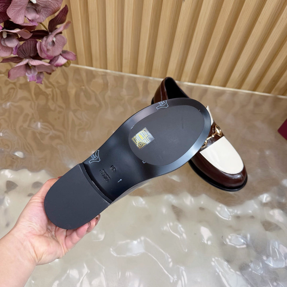 GG 26 Horsebit Loafers Brown White Sheepskin 589465