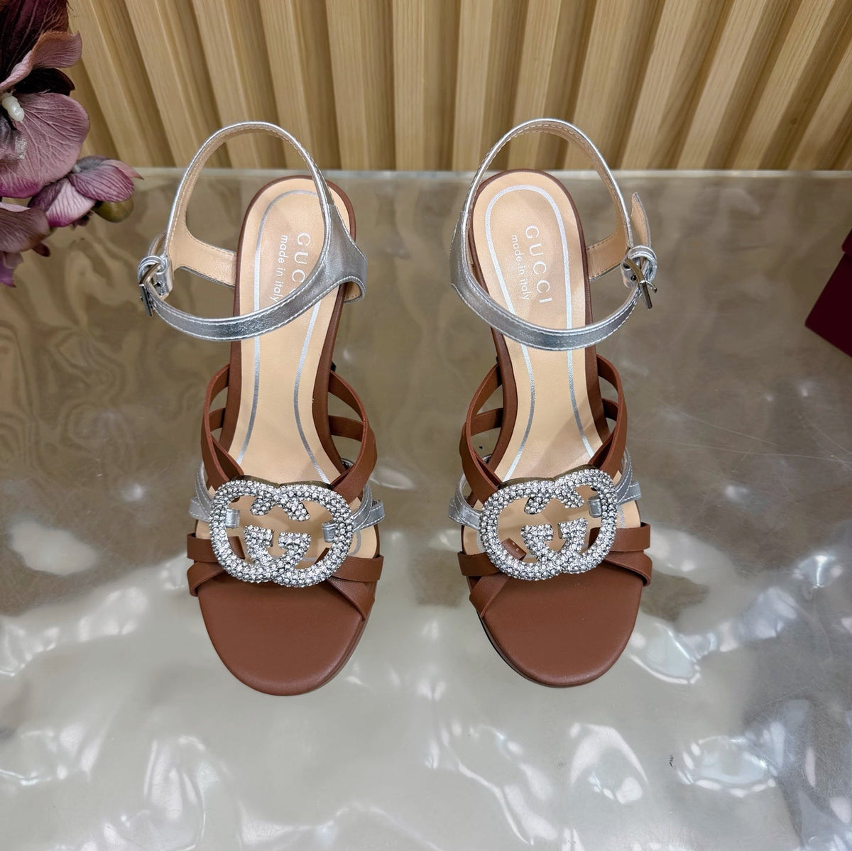 GG 26 High-Heeled Platform Sandals 105 Brown Cowhide 589500