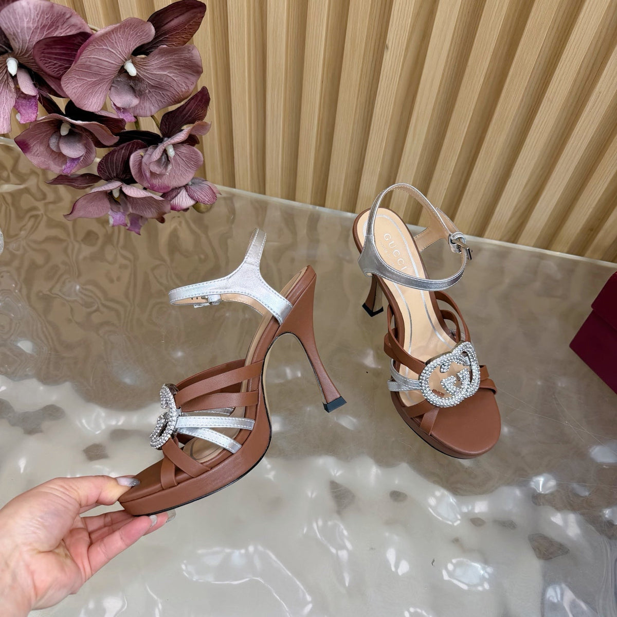 GG 26 High-Heeled Platform Sandals 105 Brown Cowhide 589500