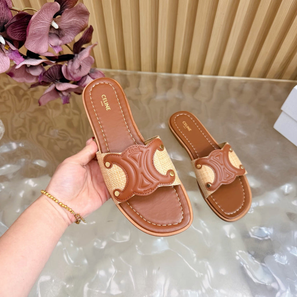 Celine 26  Triomphe Slide Sandals Leather 749443