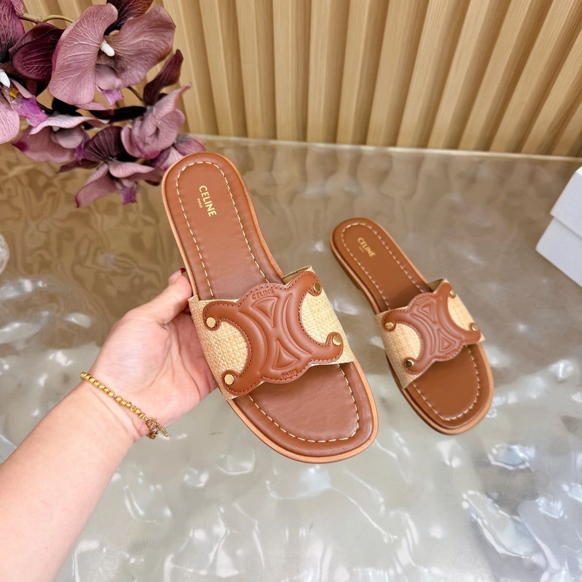 Celine 26  Triomphe Slide Sandals Leather 749443