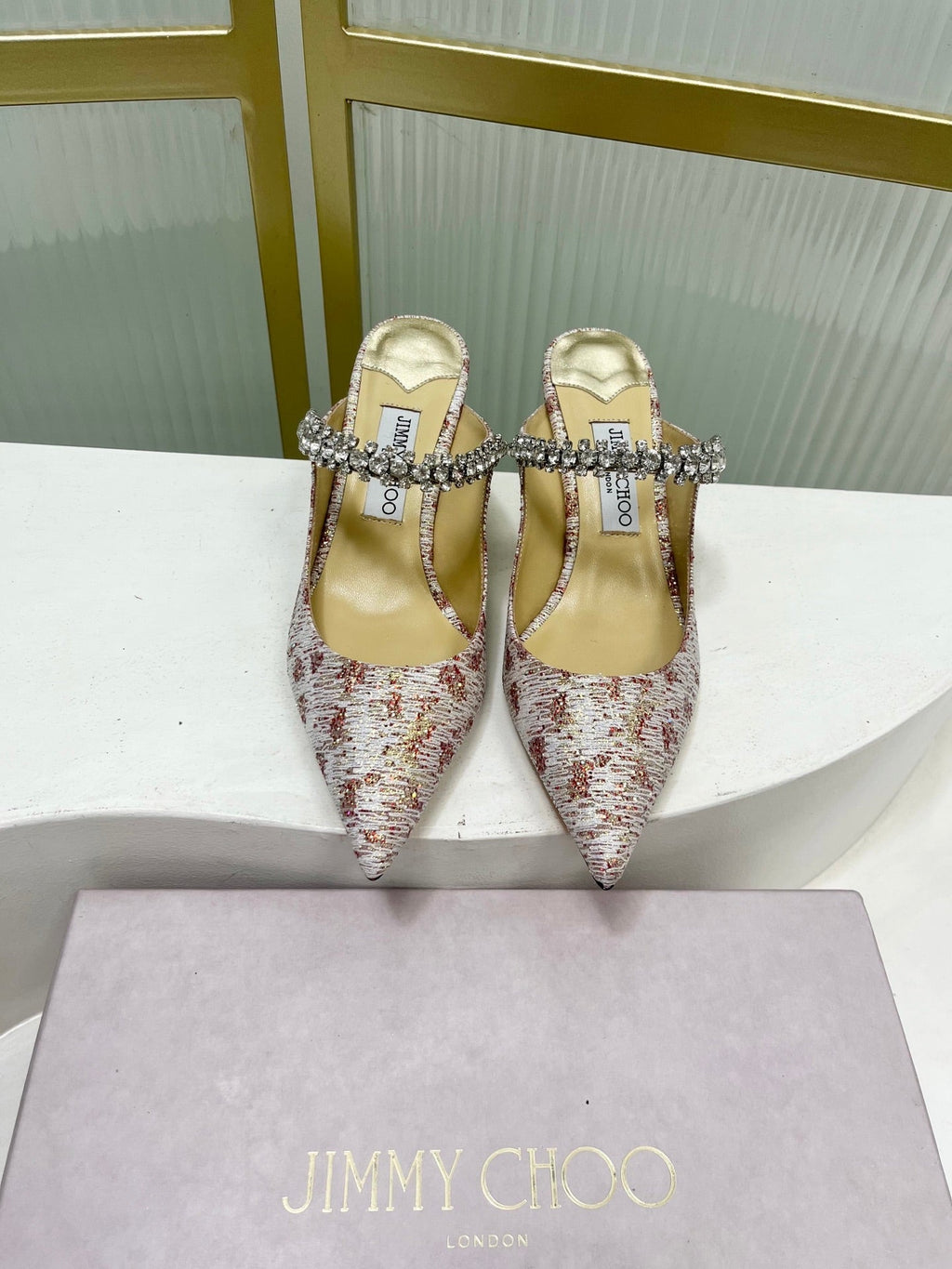 Jimmy 26s Heel Mules 65 White Red Sequins Sheepskin Diamond 605944