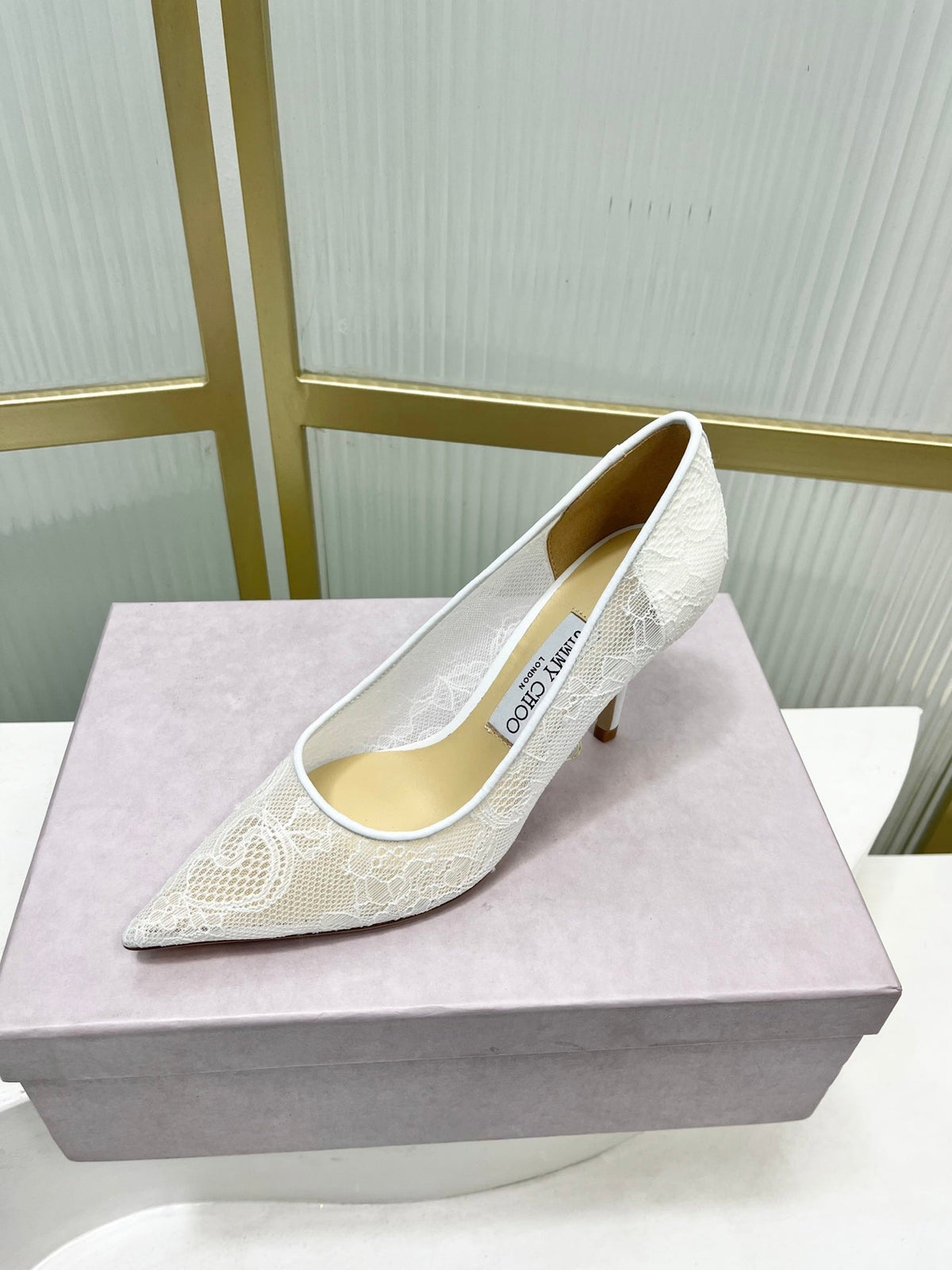 Jimmy 26s Heel Pump 85 White Beige Lace Sheepskin 605947