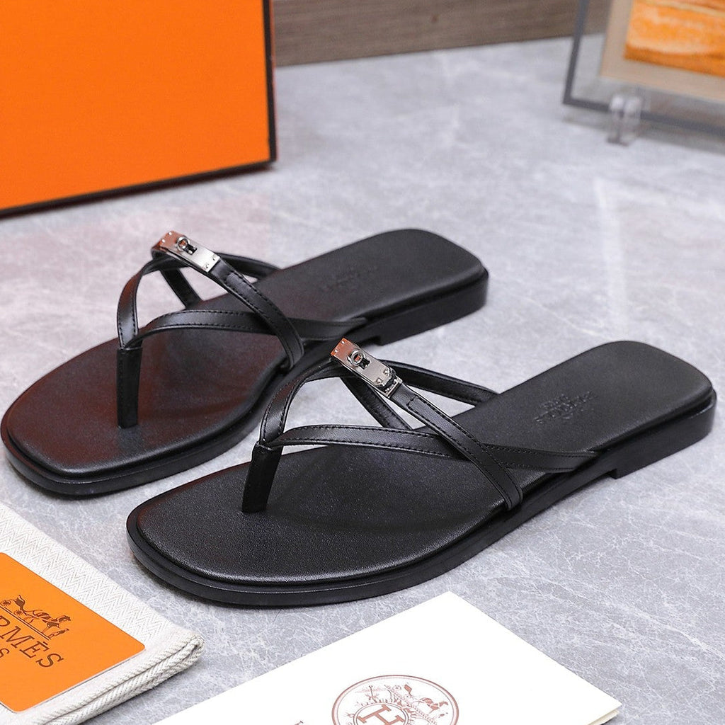 HM 26ss Kelly Sliver Buckle Slipper Black Calfskin 601247