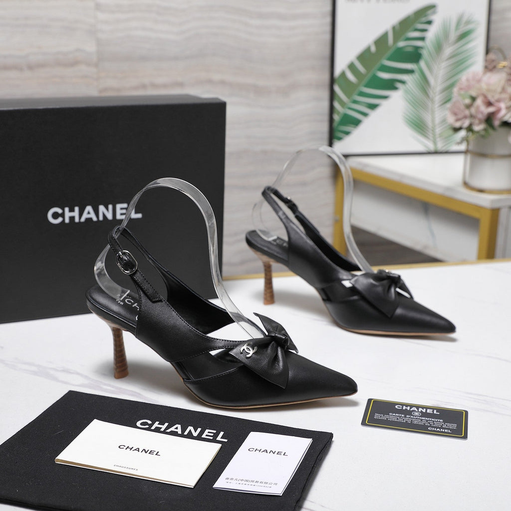 Chanel 2026 Bow Strappy High-Heeled Slingback 80mm Black Cowhide 758438