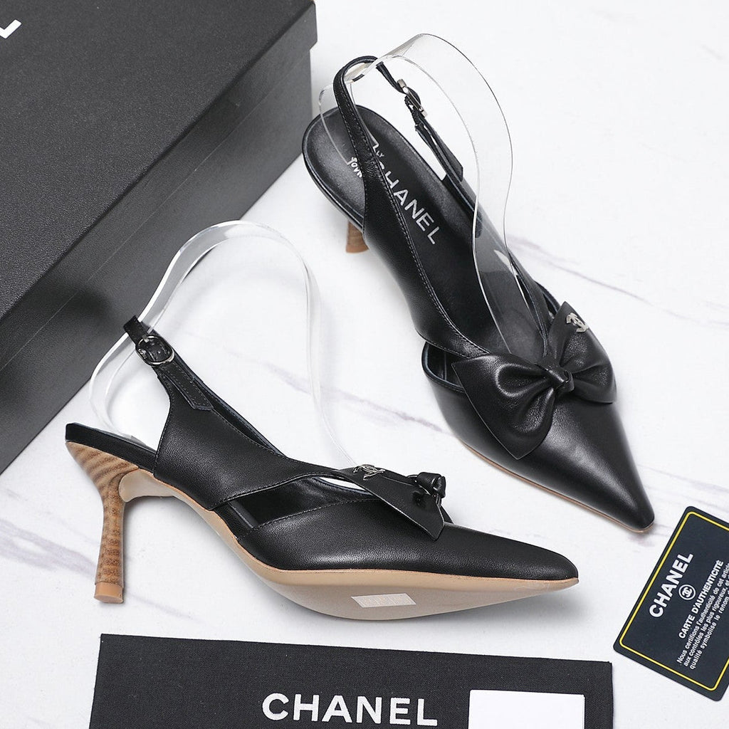 Chanel 2026 Bow Strappy High-Heeled Slingback 80mm Black Cowhide 758438
