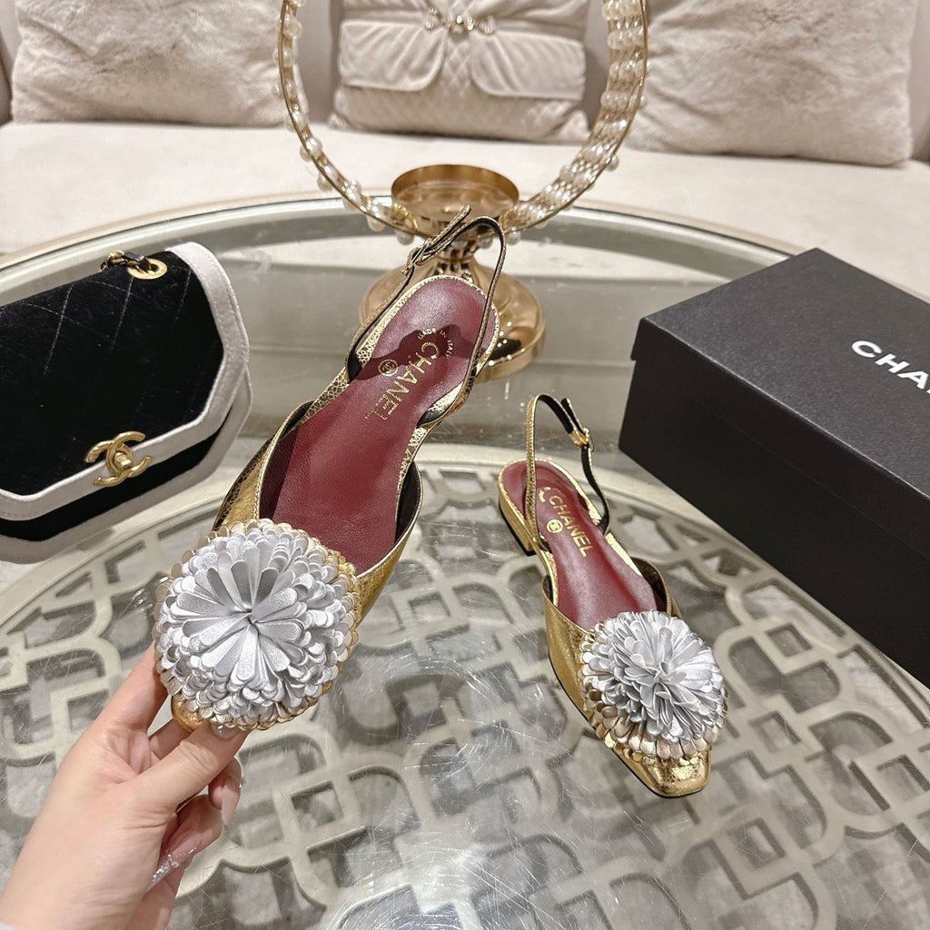 CC 26s Floral Backless Sandals Gold Sliver Sheepskin 627020