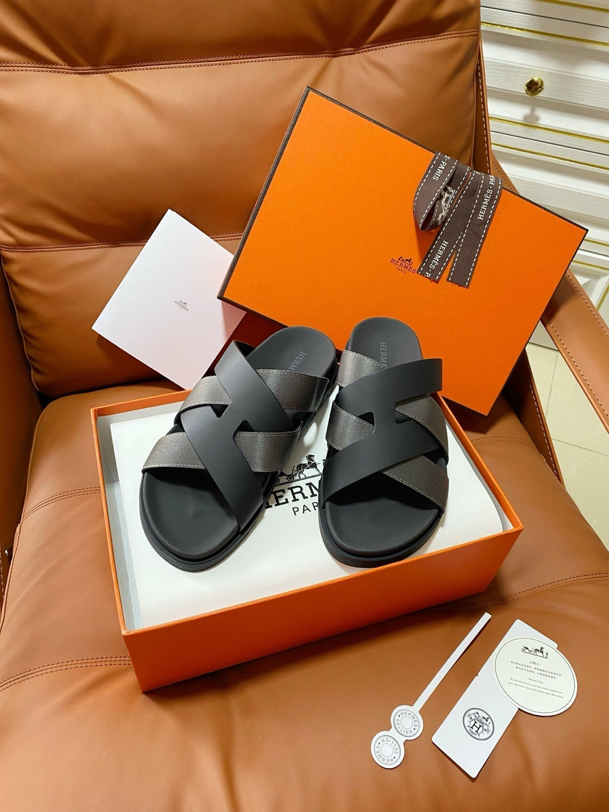 HM 2026 Cross Sandals Black Tan Canvas Calfskin 667287