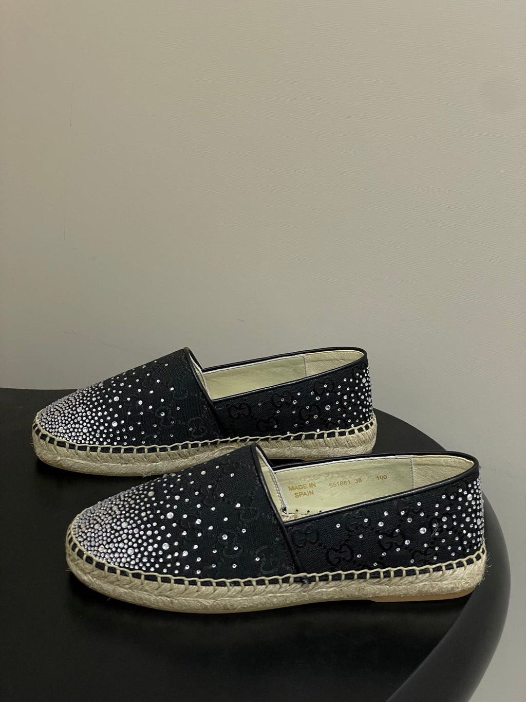 GG 26ss Slip-on Loafers Rhinestones Black Double G Canvas 593499