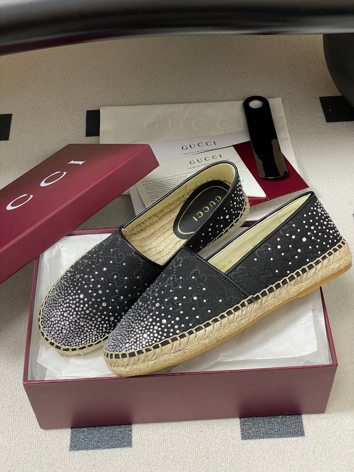 GG 26ss Slip-on Loafers Rhinestones Black Double G Canvas 593499