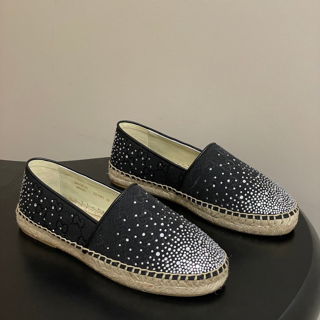 GG 26ss Slip-on Loafers Rhinestones Black Double G Canvas 593499