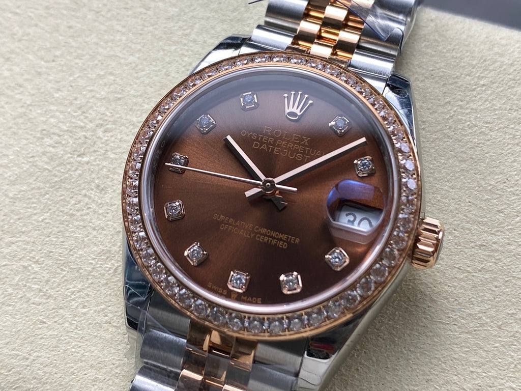 Datejust 31mm Pink Gold Steel Diamond Bezel Chocolate Dial Diamond Numerals
