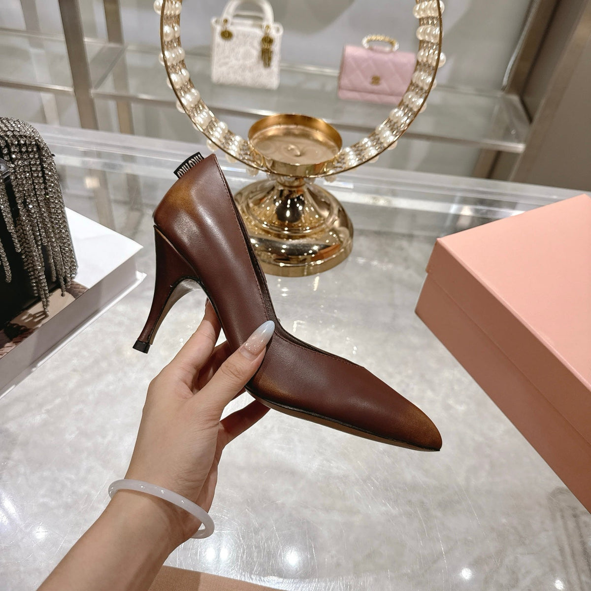 Miu High Heel Pumps Brown Sheepskin 592077