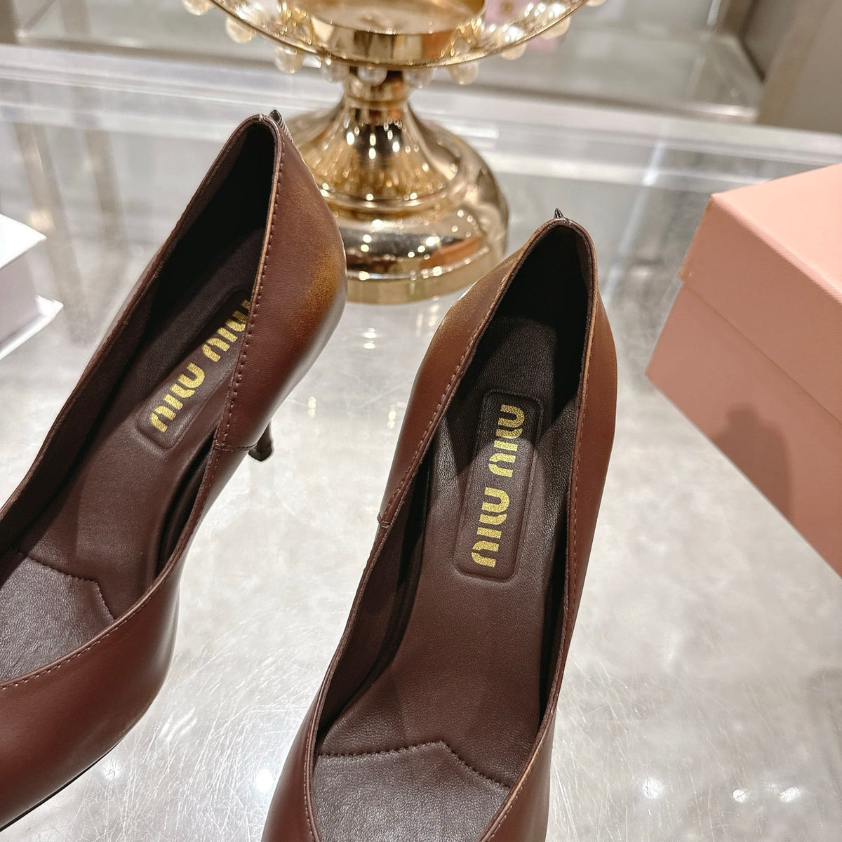 Miu High Heel Pumps Brown Sheepskin 592077