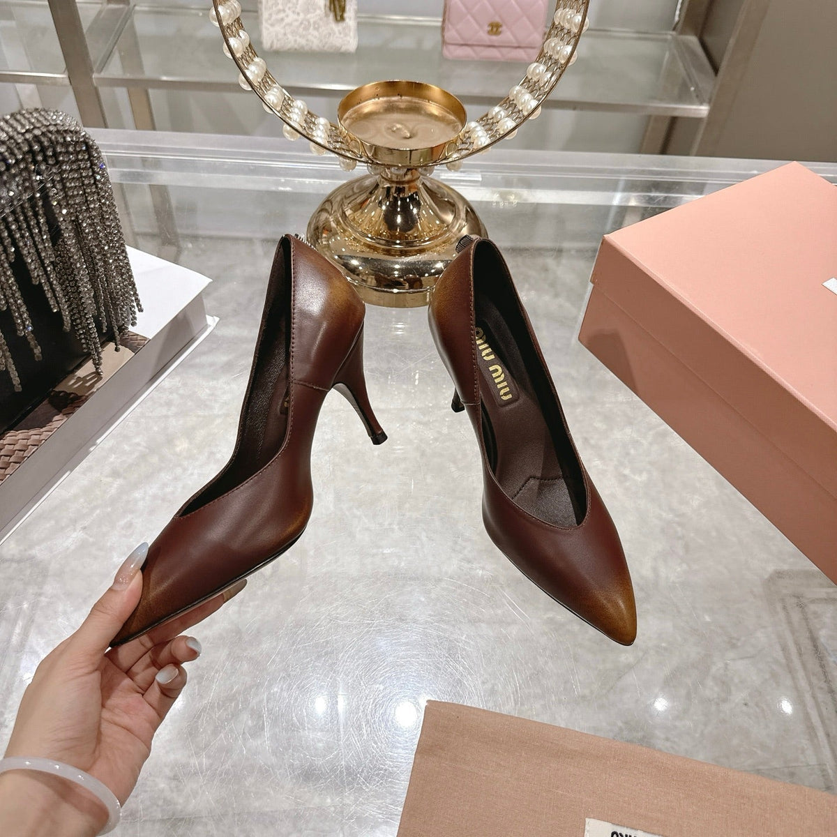 Miu High Heel Pumps Brown Sheepskin 592077
