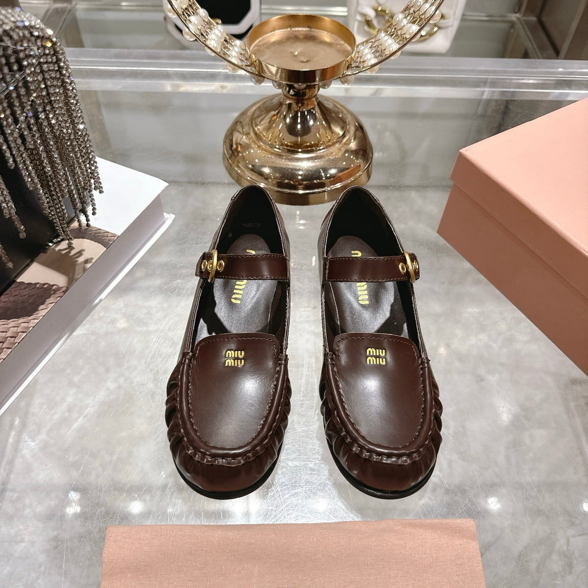 Miu Mary Jane Ballet Flats Brown Calfskin 592044