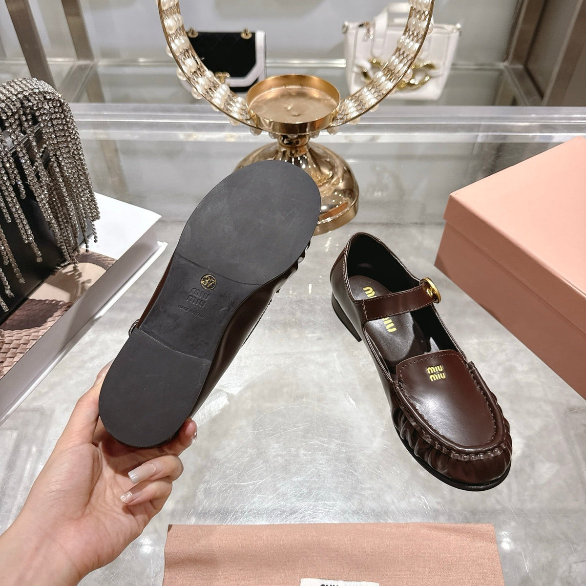 Miu Mary Jane Ballet Flats Brown Calfskin 592044