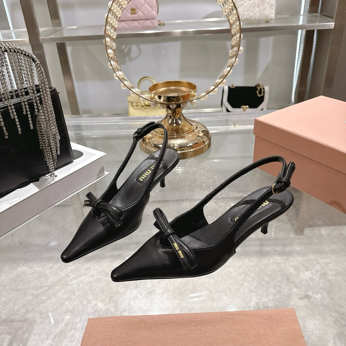 Miu 26 High Heel Slingback 45 Black Leather 592094
