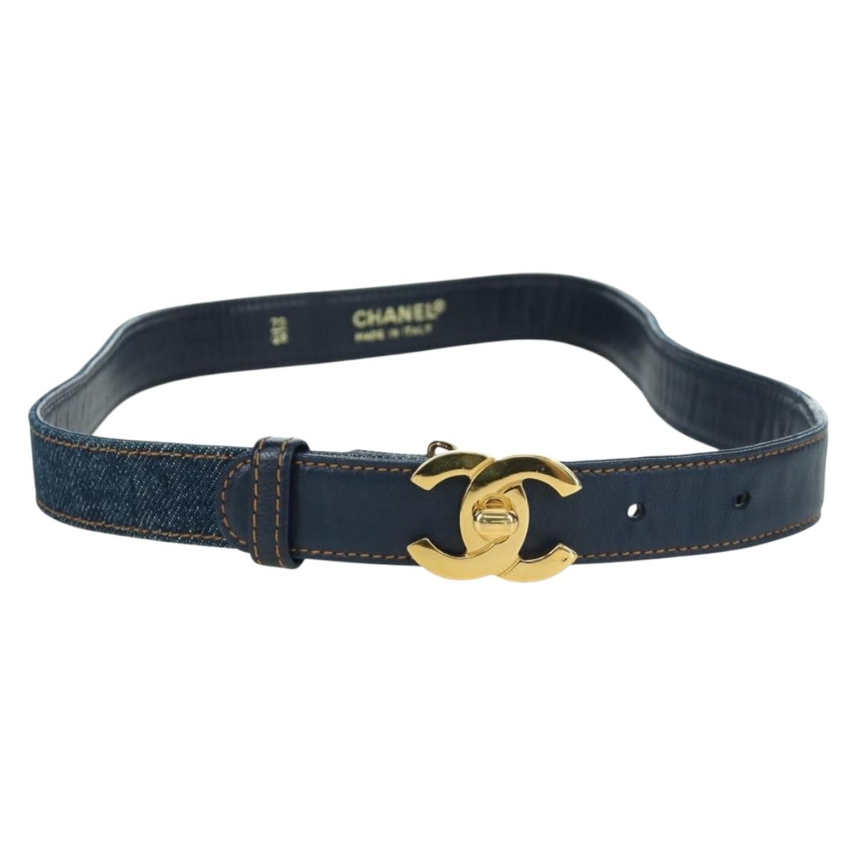 CHANEL COCO Mark Belt Denim 29.9"" Blue CC Auth LNZ132M