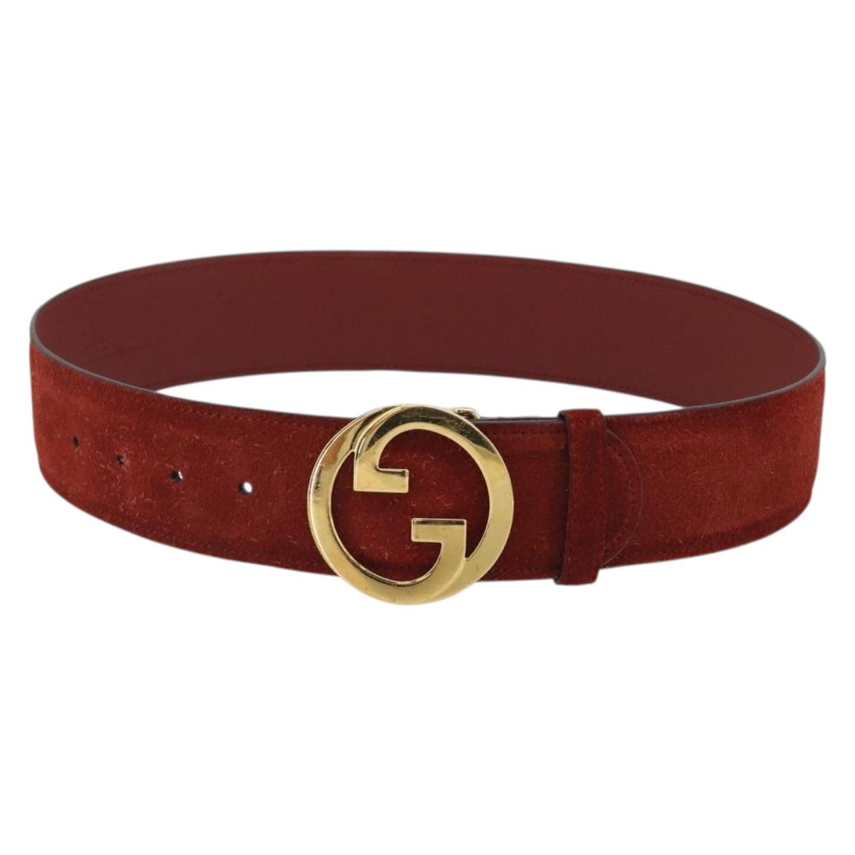 GUCCI Interlocking Belt Suede 33.1"" Red Gold 698598 Auth yk20235